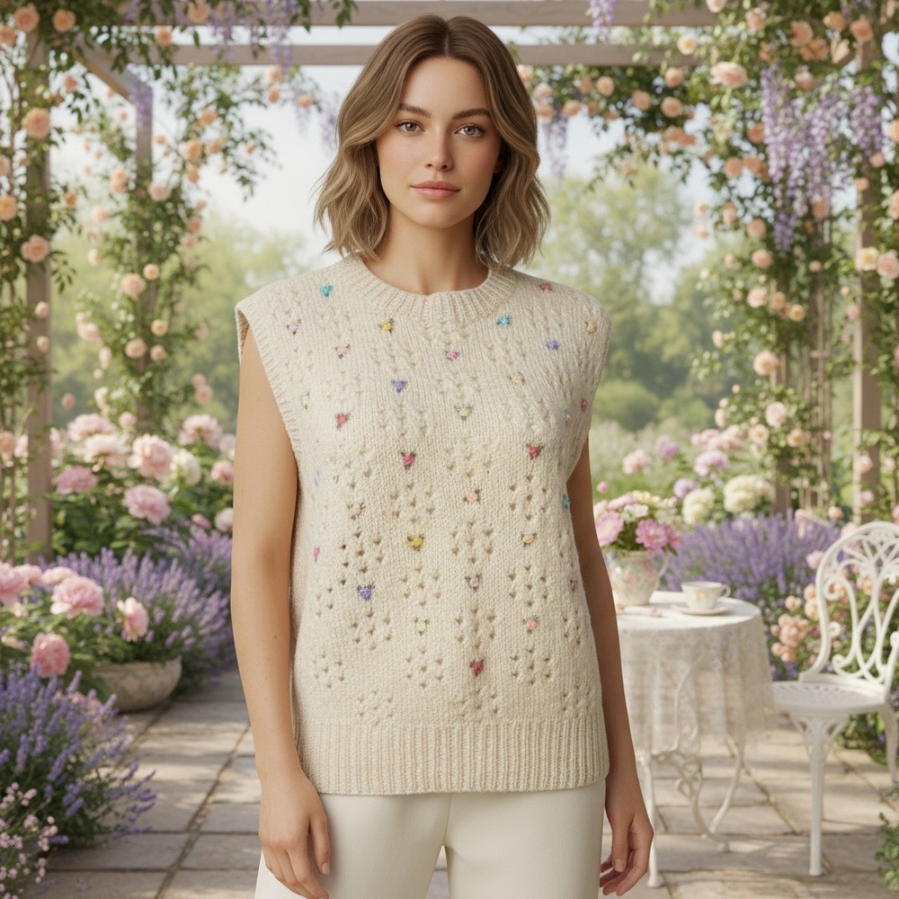 Smith Bermuda Vintage Pointelle Floral Embroidered Sweater Vest Cream Size S/M